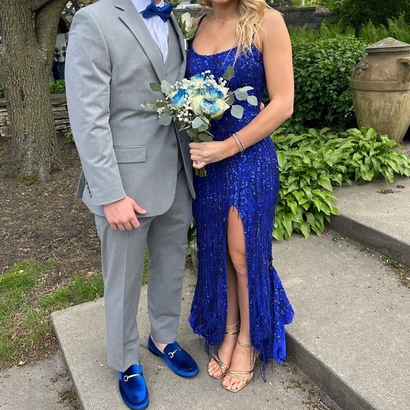 Amarra Cobalt Blue Beaded Dangles Spaghetti Strap Gown Women’s Size 2 Prom Dress - Picture 6 of 15